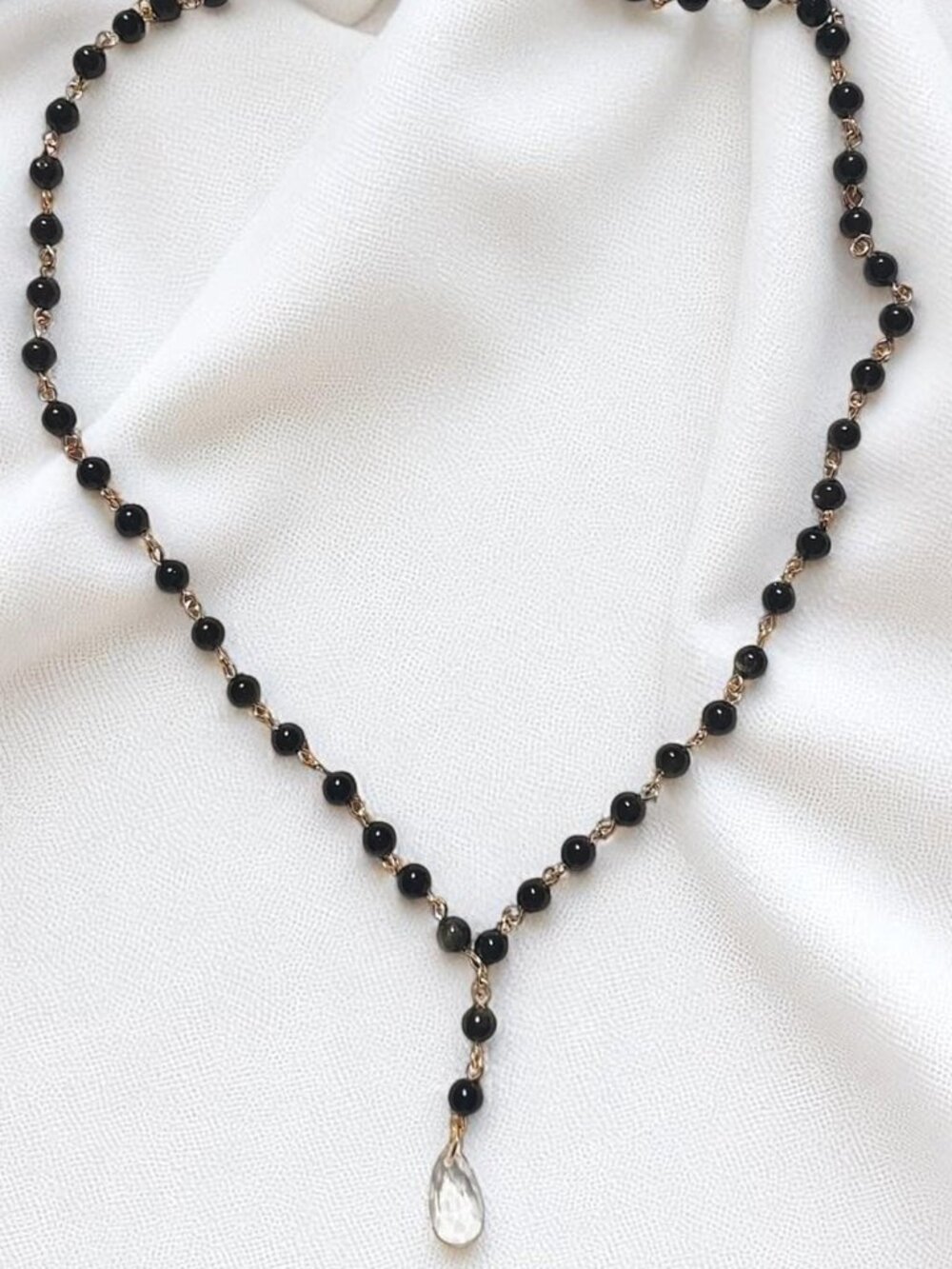 Handmade Beaded Golden Black Obsidian Gemstone Statement Necklace with Crystal P